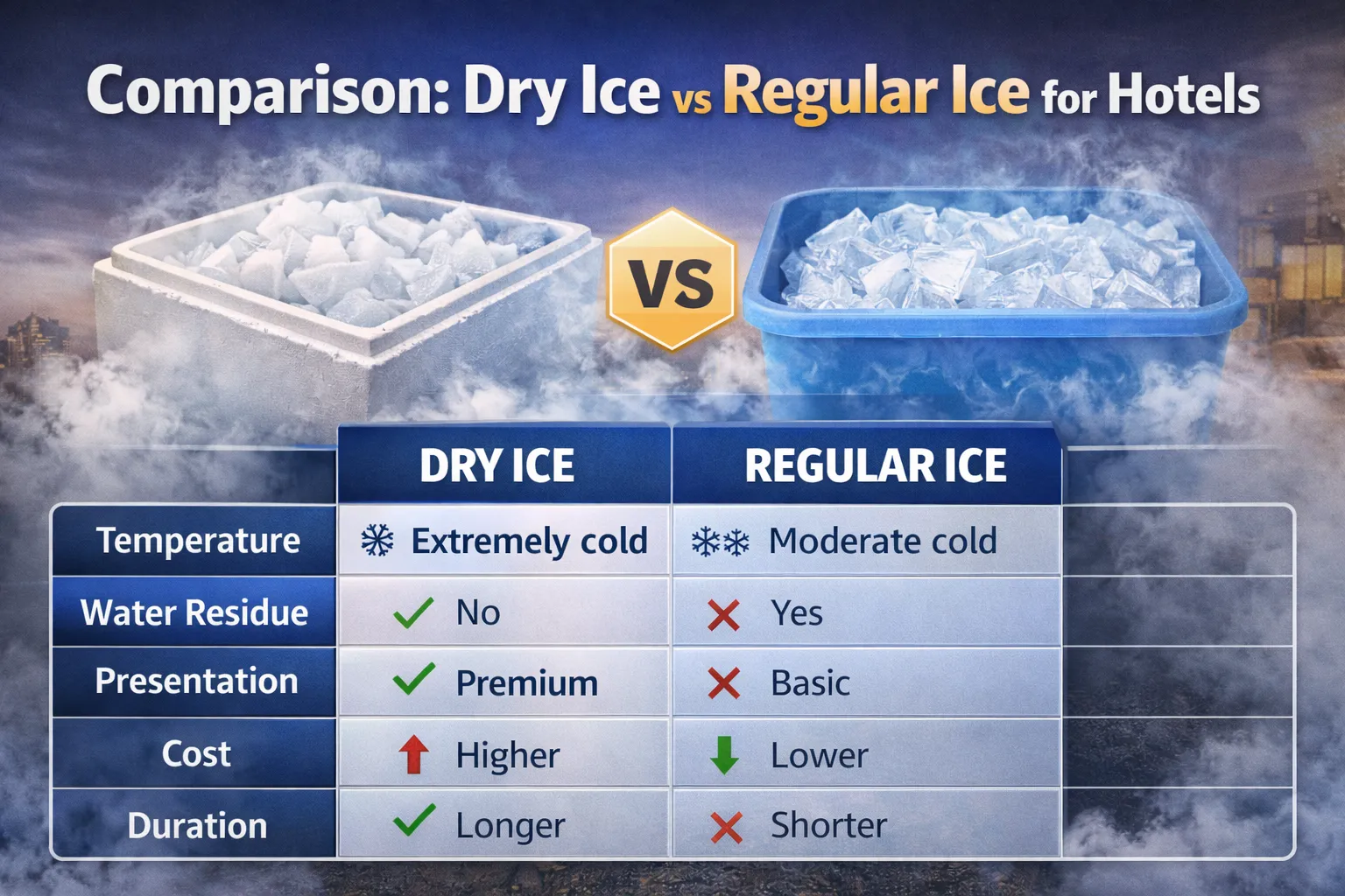 Comparison Dry Ice vs Regular Ice for Hotels